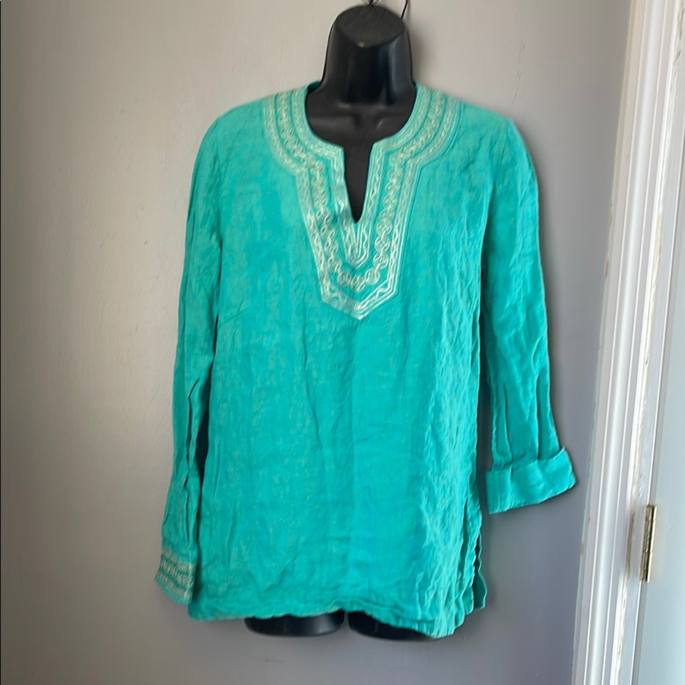 vtg Craig Taylor Aqua Embroidered 100% linen Women's Tunic